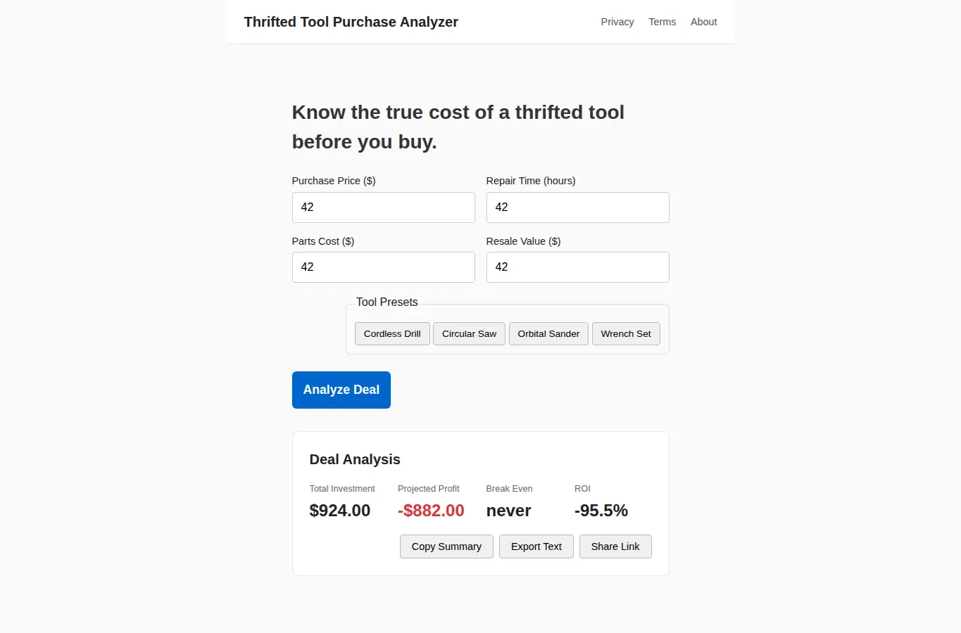 Screenshot of Thrifted Tool Purchase Analyzer interface showing the project page in use